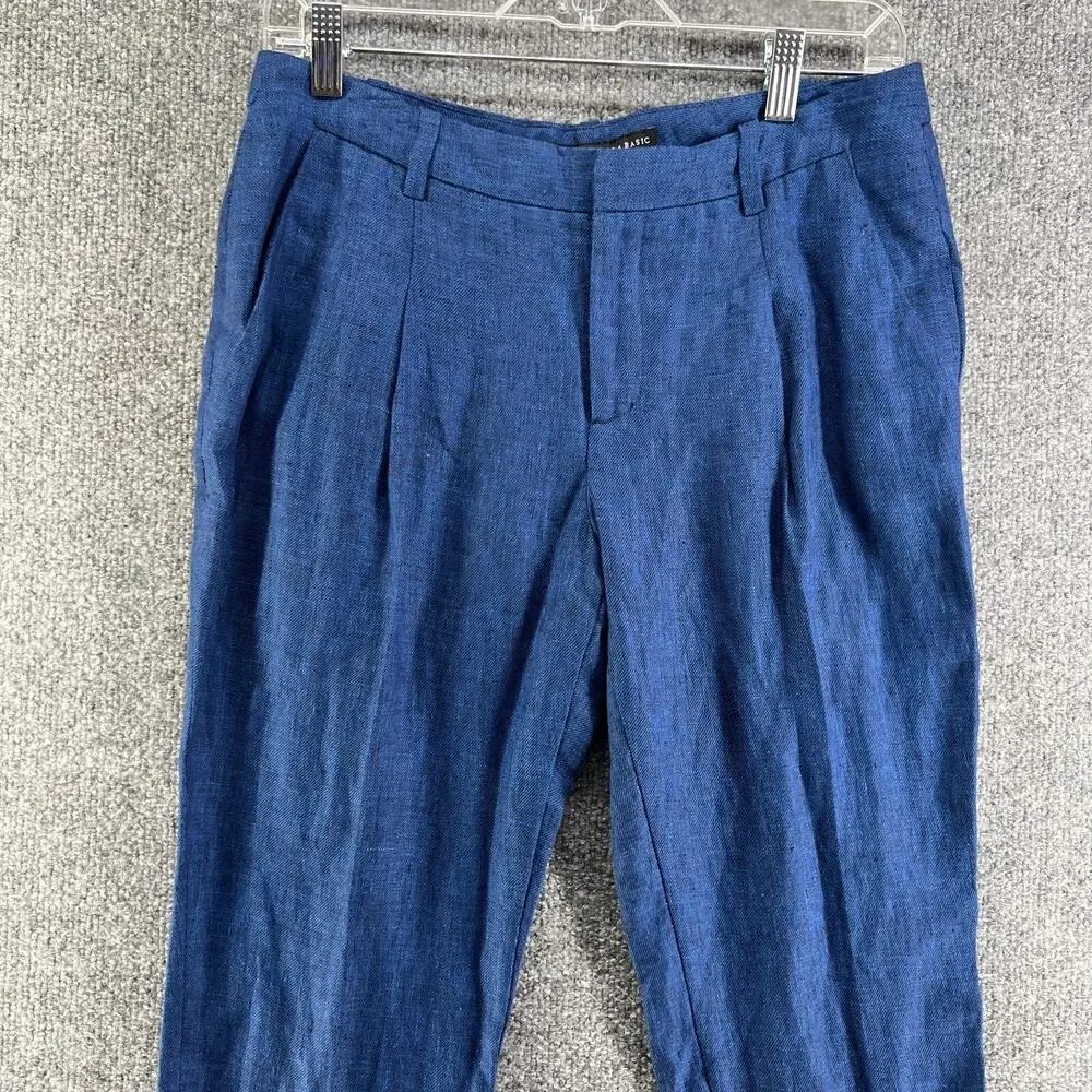 Zara Pants‎ Womens 4 Blue Linen Blend Tapered Cropped Trousers Cuffed Comfort